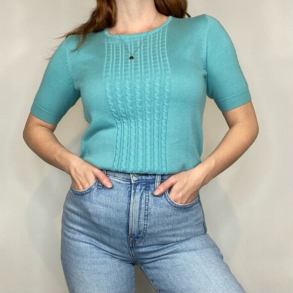 Vintage 90s/Y2K Small Cable Knit Teal Green/Blue Crewneck Sweater Tee Shirt - Picture 1 of 12